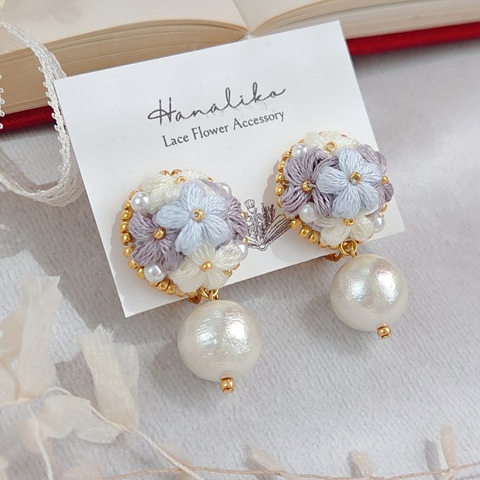 [Hanaliko] Japanese Handmade Bouquet Embroidery with Pearl Earrings, Purple x Pale Blue