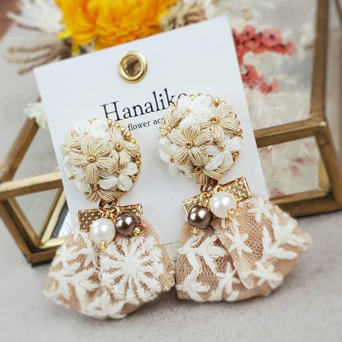 [Hanaliko] Japanese Handmade Bouquet Flower Embroidery with Indian Ribbon Earrings, Beige
