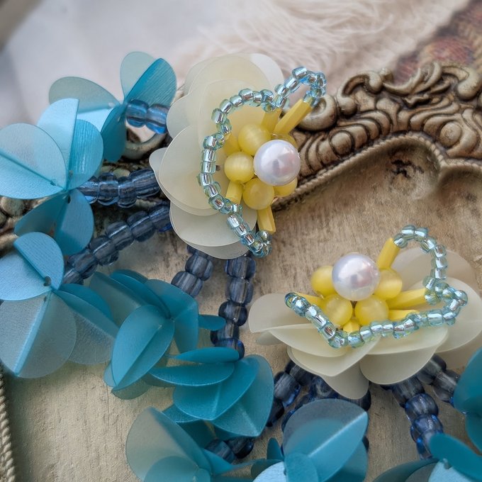 [laSoeur] Japanese Handmade Beads Embroidery Pompon Earrings, Blue x Yellow