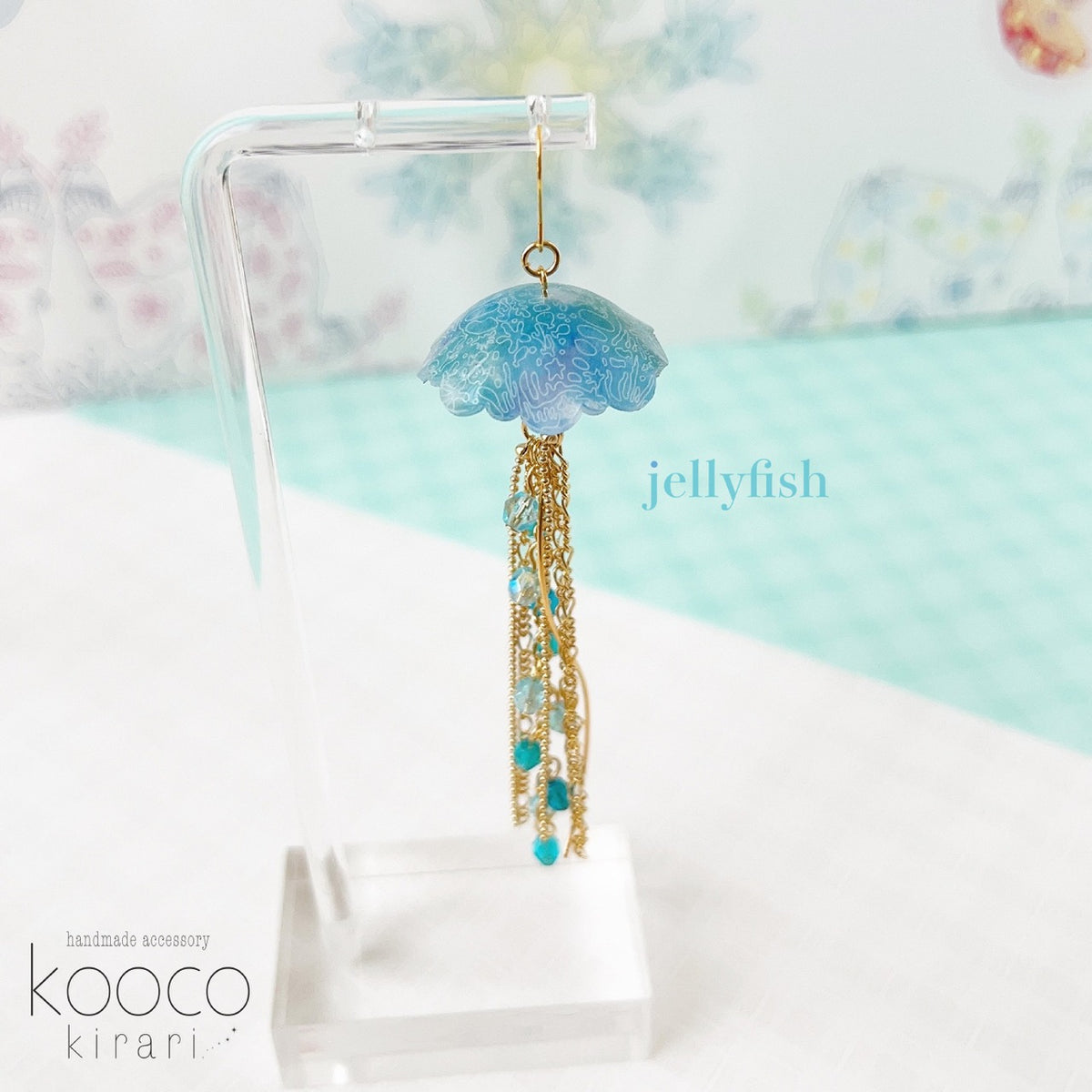 [kooco kirari] Japanese Handmade Jellyfish Chain Earrings, Blue