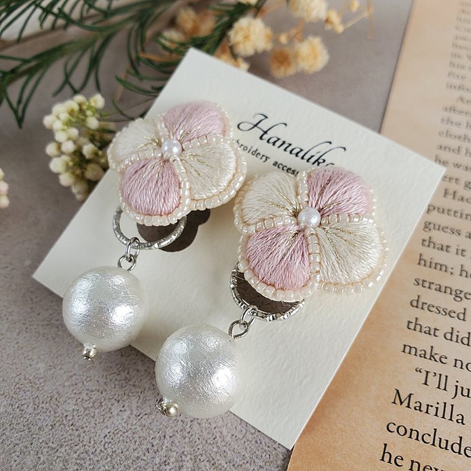 [Hanaliko] Japanese Handmade Flower Embroidery Earrings, Purple