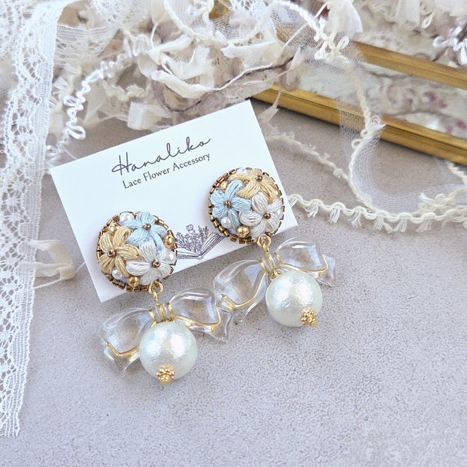 [Hanaliko] Japanese Handmade Bouquet Embroidery with Pearl Earrings, Pale Blue x Yellow