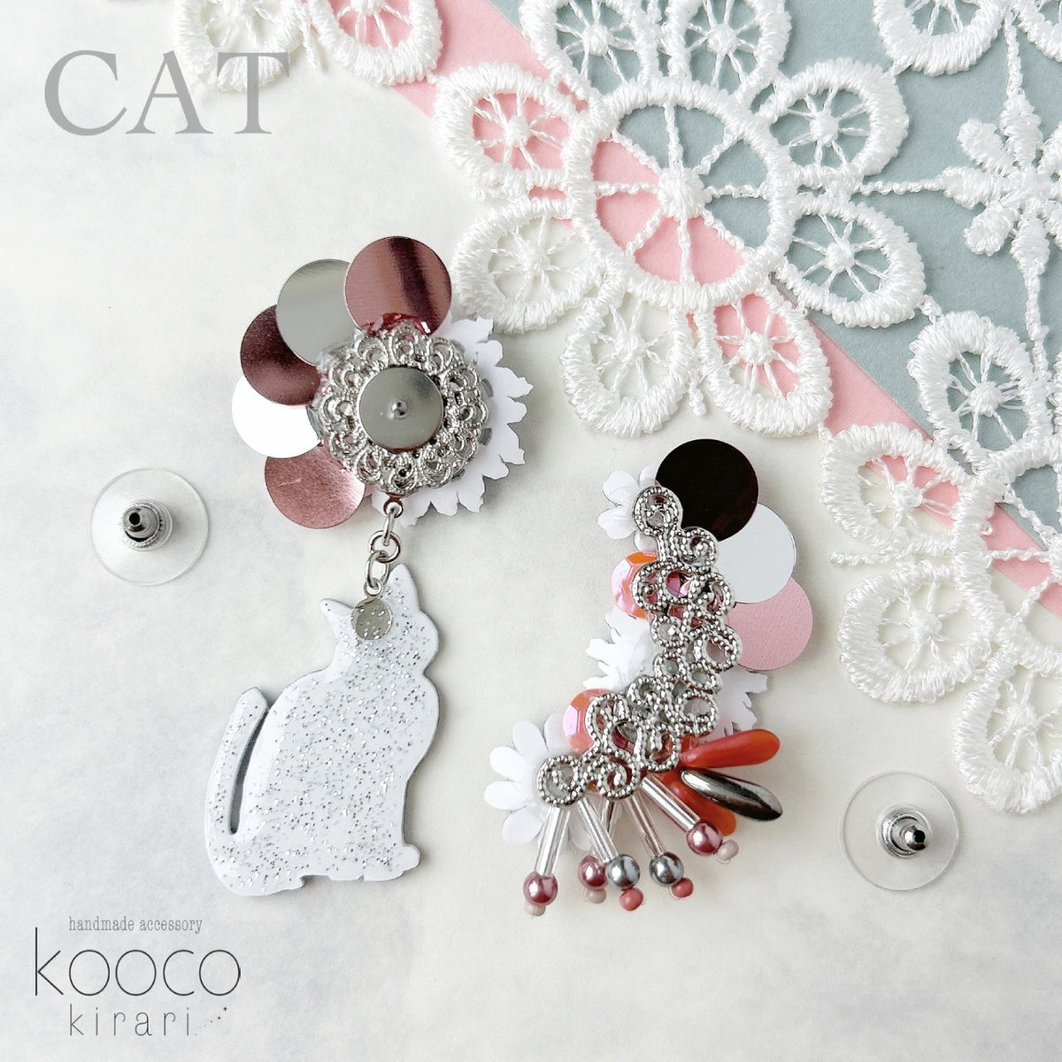 [kooco kirari] 日本手作貓貓耳環，銀色