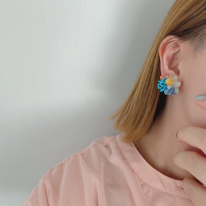 [laSoeur] 日本珠子刺繡Saita耳環，紫色 x 粉藍色 