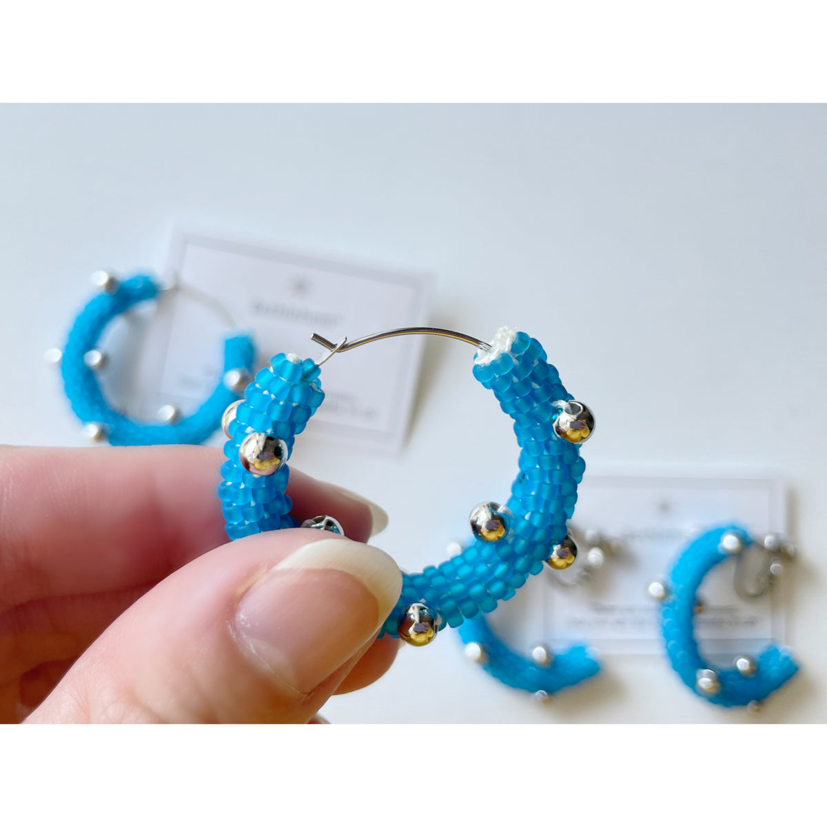 [BETHLEHEM*] Japanese Handmade Beaded Tube Chunky Hoop Earrings, Blue x Silver