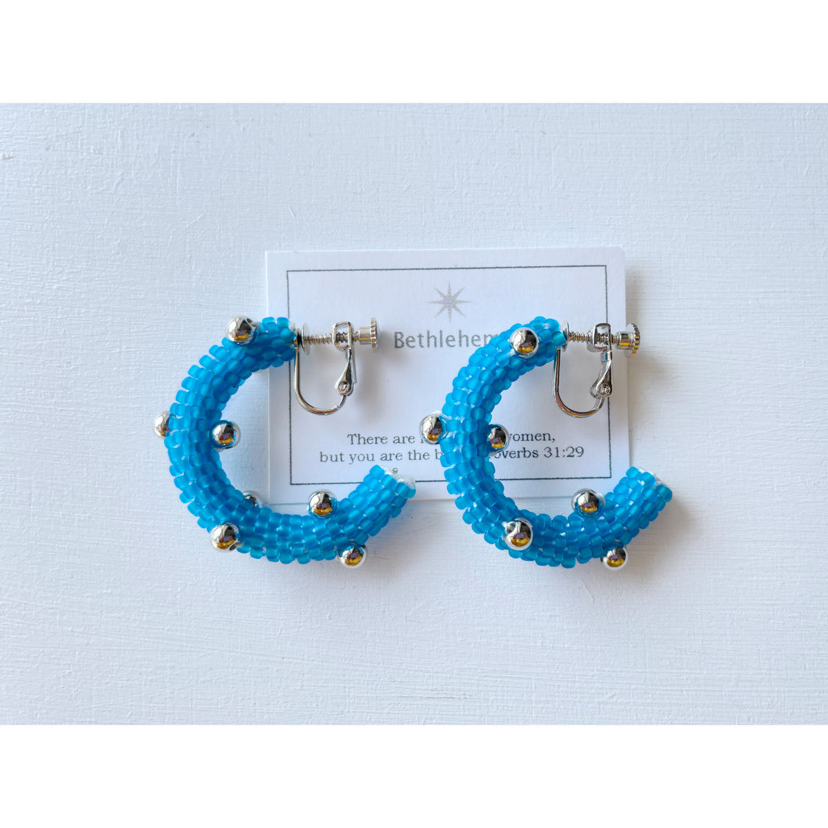 [BETHLEHEM*] Japanese Handmade Beaded Tube Chunky Hoop Earrings, Blue x Silver