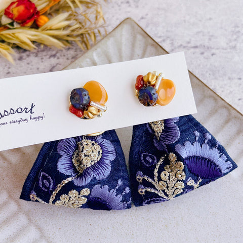 [assort] Japanese Handmade India Embroidery Ribbon Earrings, Navy